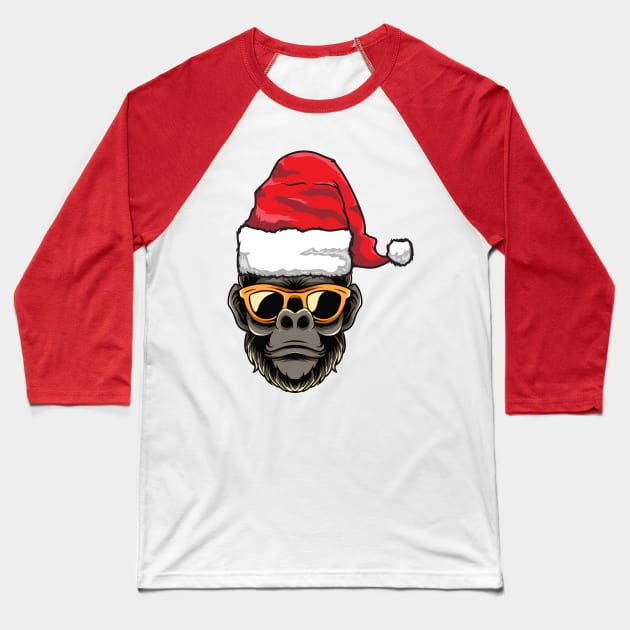Santa Hat-Wearing Gorilla with Sunglasses Funny Christmas Holiday Baseball T-Shirt by Contentarama